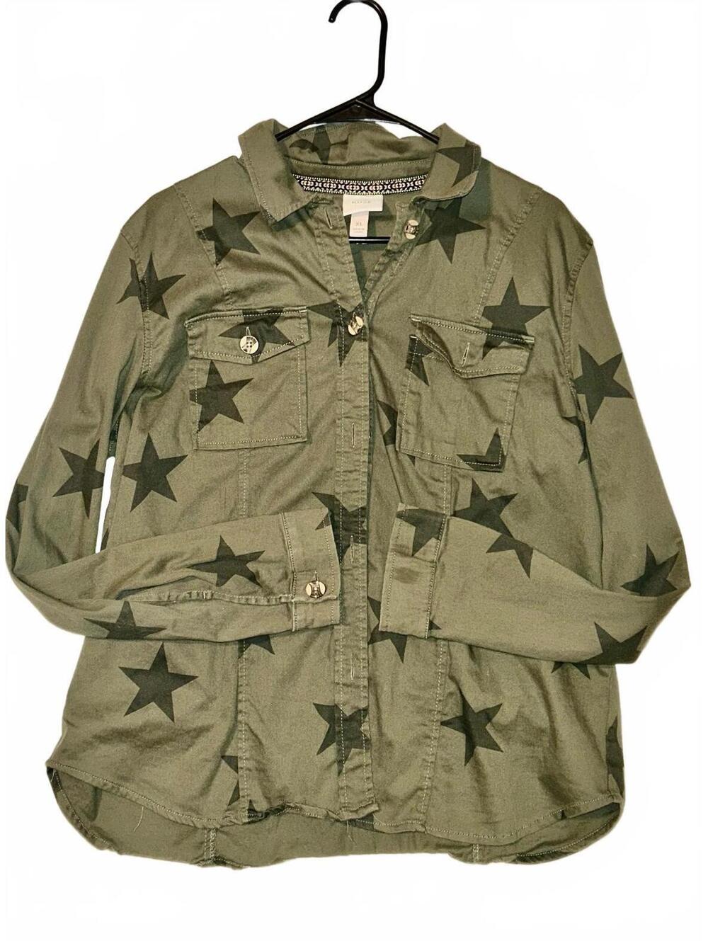 Women’s Knox Rose Button Down Star print Utility Military Style Shirt XL